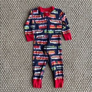 Hanna Andersson Navy Train Print Zip Pajamas with Red Trim